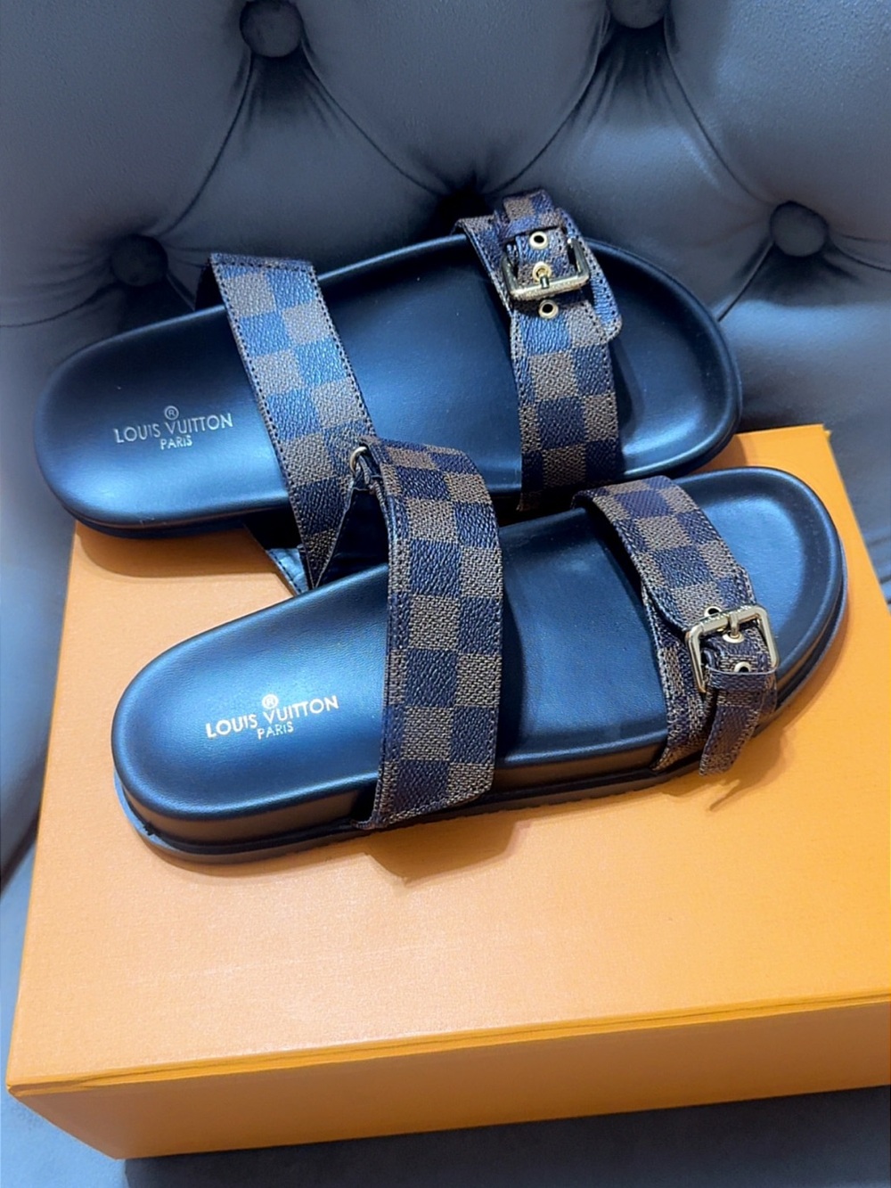 Louis Vuitton Brown Damier Canvas Buckle Slide Sandals